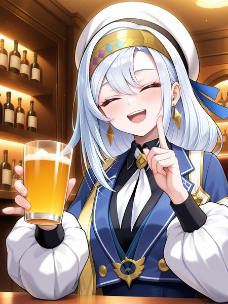 1girl,closed eyes,open mouth,smile,index finger raised,artmegia finemelt,blue dress,black collared shirt,blue capelet,white beret,gold hairband,upper body,gold earrings,gold sash,white necktie, bar, indoors, holding cup,
masterpiece,best quality,amazing quality,very aesthetic,absurdres,newest,<lora:Artmegia finemelt illusXL v1.3:0.7>,