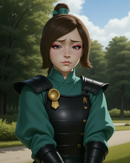 Semi-Realistic digital illustration Style in a wide shot. Looking at viewer, outdoors in daylight, 18 year old woman, Disappointed with slumped shoulders, a downcast gaze, and a faint sigh of regret.
 <lora:AirBender_-_Ty_Lee_v2-000040:1> ab-tylee, brown hair and gray-brown eyes, ponytail
black japanese armor, kyoshi white face makeup, long sleeves, green dress, golden pin through hair