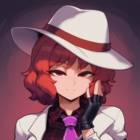 masterpiece, amazing quality, best quality, absurdres, aesthetic, (spacezin:0.45), (fluffydango:0.2), black-burakku, (aldharoku:0.7), (blushyspicy:0.3), (shadman:0.5), (cutesexyrobutts:0.9), 1girl, solo, horikawa raiko, clothed, white fedora, facing viewer, looking at viewer, face focus, tipping fedora, black gloves, fingerless gloves