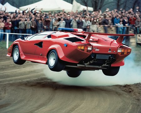 analog film photo car rally magazine photograph of a (police Lamborghini Countach:1.4) (((rally car))) jumping, big air time, rally jump, action motion blur dust LP5000 <lora:add-detail-xl:2> <lora:LP5000-SDXL-V1.2:1>, (police lights on the roof, searchlights on roof:1.3) . faded film, desaturated, 35mm photo, grainy, vignette, vintage, Kodachrome, Lomography, stained, highly detailed, found footage
