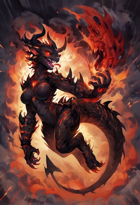 score_9, score_8_up, score_7_up, (Style-Volumetric:1.3), (4k quality, masterpiece, high resolution, more details),  Floating, hanging in the air,, realistic, realistic anatomy, dark aura, 1 girl, female, female dragon, anthropomorphic dragon, dragon's head, full body, hyper realistic dragon head, spiked crest on the head, in full growth, hovering in the air, a dynamic pose, wearing black armor with a gold pattern, big black demonic wings on his back, black scales, predatory fiery red eyes, detailed eyes, vertical pupil, narrow pupil, black tears, four black horns on the head, (medium breast, natural breast), scales in cracks, (head tilt), head tilted back, shaft head tilt, open mouth, abstract background, glowing eyes, fangs, grin, tongue out, snake tongue, gloomy colors, dark aura, horror, a view from afar,