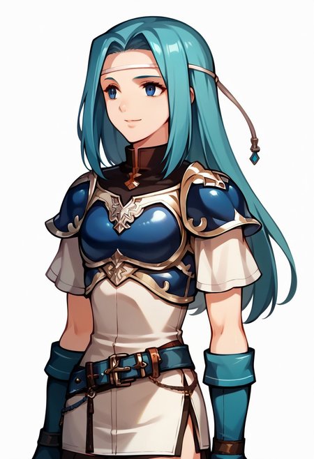 score_9, score_8_up, score_7_up, source_anime, 1girl, solo, pensive
<lora:zs_FE10PortraitsXL:1> fe10portraits, portrait, white background
 FioFE, aqua hair, long hair, blue eyes, CFit, white headband, breastplate, shoulder armor, aqua fingerless gloves, white dress, short dress, short sleeves, side slit, belt, black single detatched sleeve, zettai ryouiki, aqua thighhighs, aqua thigh boots, blue footwear,closed mouth, smile