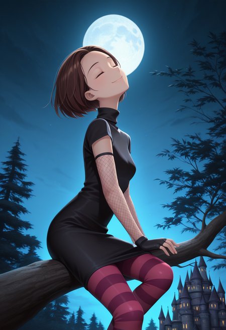 Graphic Design, color art, vibrant colors, colorful, intricate details, high contrast, detailed background, beautiful detailed, beautiful face, detailed eyes, detailed face, new, 1girl, solo, lyub0v, short hair, brown hair, closed eyes, smile, black turtleneck dress, short sleeves, red and black striped leggings, fishnet elbow fingerless gloves, cowboy shot, dynamic pose, sitting on branch, tree, night, (dark:1.4), castle in the background, moon, scenery, head tilt, from side, perspective, (masterpiece, best quality, newest, recent, absurdres),