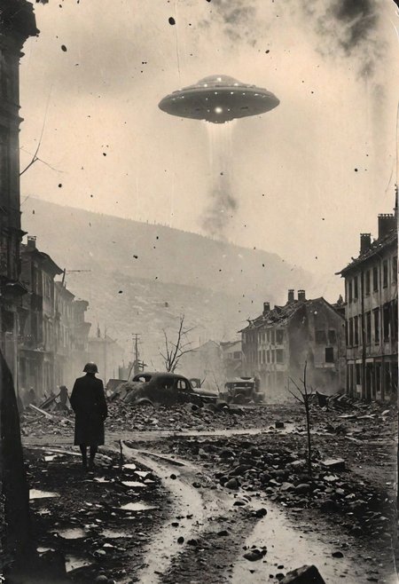 B&W 35mm vintage photo of a DISTANT UFO in a WW2 picture, destroyed city backdrop
