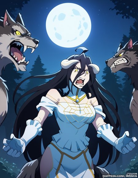 score_9, score_8_up, score_7_up, source_anime, <lora:overlord-albedo-s1s2-ponyxl-lora-nochekaiser:1>, albedo, ahoge, black hair, horns, long hair, yellow eyes, large breasts,, <lora:werewolf-ponyxl-lora-nochekaiser:1>, werewolf, furry, fangs, animal ears, gloves, angry, teeth, animal ear fluff,, forest, night, moon, open mouth,, cowboy shot