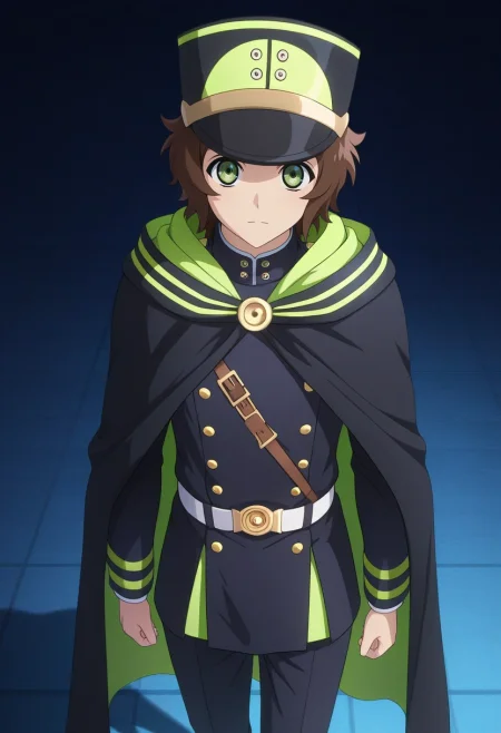 masterpiece, best quality, , (3d:0.4), looking at viewer, 1boy, solo, male focus, <lora:yoichi_saotome_ilxl:1>, yoichi_saotome, brown hair, green eyes, short hair, military uniform, military hat, black cape, black shirt, black pants