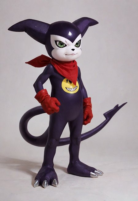 score_9, score_8_up, score_7_up, score_6_up, impmon, digimon (creature), solo, purple skin, green eyes, red bandana, red gloves, tail, realistic