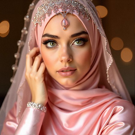 A close-up of a Middle Eastern woman wearing a luxurious pink satin hijab, intricately embroidered with silver and pink jewels. Her light green eyes, framed by perfectly shaped brows and accentuated by dark eyeliner, are captivating. The softly blurred background, with warm bokeh lights, enhances the elegance and mystique of her gaze.

Her characteristics are Smooth, flawless tanned skin with a natural glow. Refined, elegant nose with a delicate bridge.Delicate, minimal makeup emphasizing her natural beauty.Soft, warm-toned eyeshadow complementing her eye color.

Pink satin hijab with intricate silver embroidery along the edges. Delicate veil adorned with tiny, dangling pink gemstones. Jeweled headpiece with a central gem resting on her forehead. Subtle metallic accents in the embroidery, reflecting light.
Long, flowing sleeves with delicate lace trimming. Soft, sheer layer of fabric over the satin, adding dimension. long sleeves past wrist.

Her right hand lightly touches the edge of her veil near her cheek, eyes looking thoughtfully into the distance.







