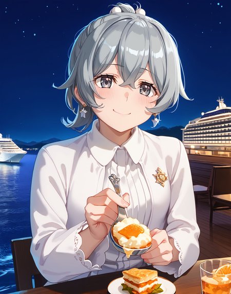 score_9,score_8_up,score_7_up,masterpiece, best quality, <lora:WHM 0.2v:0.5>, WHM, 2D,anime,  
red eyes male and grey eyes  female, 
 1girl, incoming food, holding spoon, pov across table, seductive smile, 
<lora:IncomingFood_pdxl_Incrs_v2:1>, 
 fantasy,  dungeon ni deai wo motomeru no wa machigatteiru darou ka style,  
outdoors, night ,lake, huge cruise ship restaurant, cruise ship,  star,sky, 
<lora:Cruise_ship:1>
BREAK
<lora:DanMachi_SyrFlovaXL:0.8>  short hair, short ponytail, grey hair, grey eyes, hair between eyes, hair bobbles, earrings, SyrDate, cropped jacket, white jacket, collared shirt, (white shirt), long sleeves, bow skirt, pleated skirt, white skirt, white bow , thigh gap, shoes, embarrassed, happy,