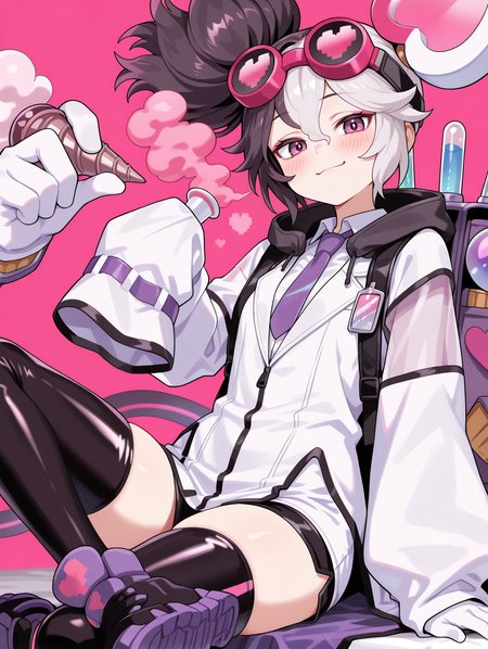 vanquish soul dr. mad love,1girl,solo,smile,extra mechanical arms,sitting,single sleeve past fingers,looking at viewer,pink background,cone \(weapon\),purple sneakers,blush,holding cone \(weapon\),backpack,white hair ornament,goggles on head,white collared shirt,white labcoat,purple necktie,single white glove,black short shorts,black thighhighs,holding test tube,test tube,purple smoke,
masterpiece,best quality,amazing quality,very aesthetic,absurdres,newest,<lora:Vanquish Soul Dr. Mad Love illusXL v1.1:0.75>,