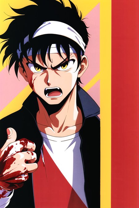 1990s \(style\),

1990s (style), 1boy, black hair, blood, blood on face, brown eyes, clenched hand, film grain, headband, male focus, open mouth, retro artstyle, serious, solo, torn clothes, upper body, yellow headband

<lora:1990s:0.6>