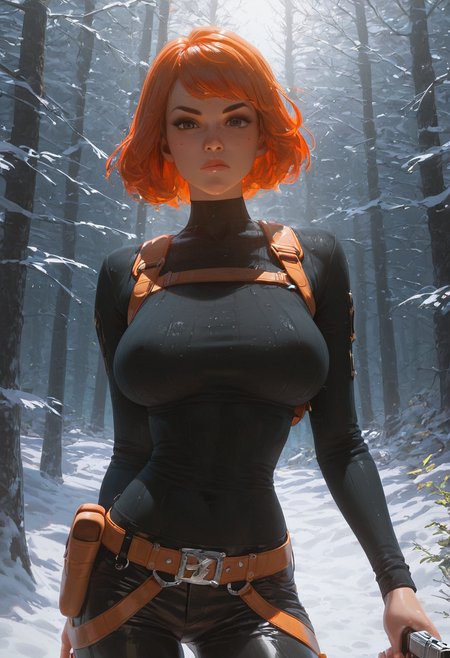 score_9, score_8_up, score_7_up, high detailed, high quality, masterpiece, no text, quality highlights, 8k detail, ultra-detailed, ... 1girl, woman, april o'neil, bob cut orange hair, beautiful face, serious face, black ribbed sweater, Holster harness, (black pants:1.15), thin waist, (covered nipples:0.5),   (holding a gun:1.2), looking at viewer,  (snowy forest, night time:1.15),  <lora:Breast_Slider_-_Pony_alpha1.0_rank4_noxattn_last:0.5000000000000001> <lora:Dramatic_Lighting_Slider:2.0000000000000004> <lora:AIã¤ã©ã¹ããããã_(2):1.0000000000000002> <lora:Expressive_H-000001:1.0000000000000002>