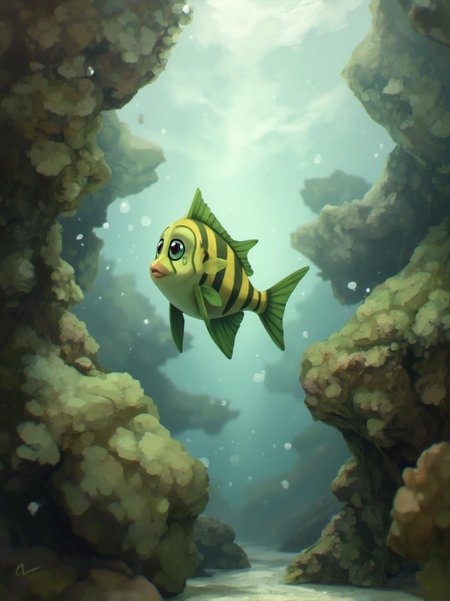 <lora:ck-LttleGhost-000011.safetensors:1> in the style of ck-lttlegh0stAn abstract aquarium interior features a mesmerizing yellow-and-green striped fish swimming through coral-like textures with sharp focus. A foggy background is blurred, highlighting ethereal light effects and soft pastel/earthy hues create a serene atmosphere.