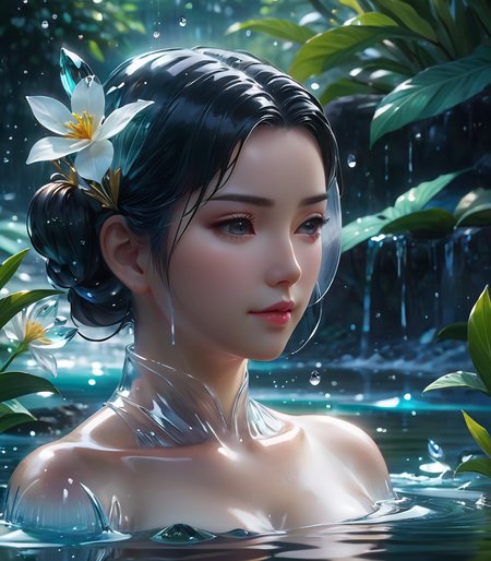close up glasssculpture of a woman bathing in a river, translucent, transparent, reflections. cgsociety masterpiece, flowers everywhere, artstation trending, by rossdraws, ghibli, Kimi no Na wa, greg rutkowski <lora:sdxl_glass:0.3><lora:HanYue_SDXL (1):0.6>