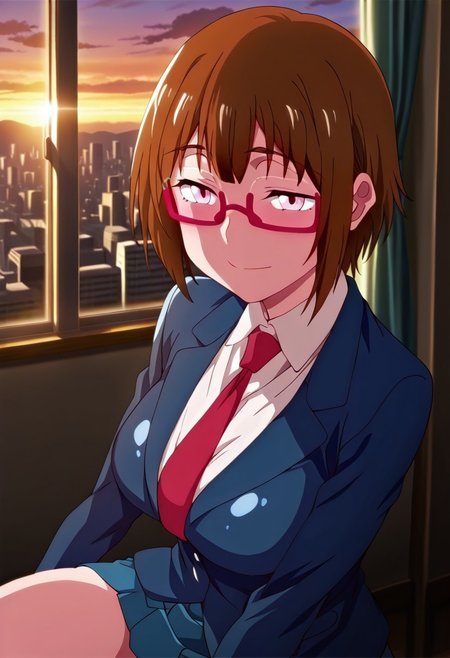 ((masterpiece, absurdres)), best quality, amazing quality, newest, 4k, anime coloring, very aesthetic, ray tracing, Smooth Quality, CG, source_anime,
city view,dusk lighting,chitose, 1 female, brown hair, pink eyes, red glasses, short hair, school uniform, ties,miniskirt
