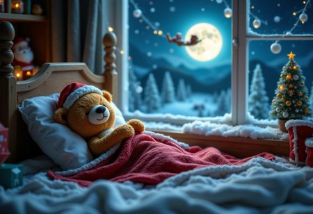 Christmas night, cute bear doll sleeping in bed, by window, smiling and eyes closed,  moonlight, Santa boots, Christmas tree next to bed, Santa Claus flying in the sky in the distance from window, clay model image, 
aidmafluxpro1.1