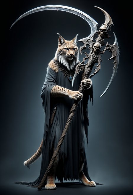 lynx  holding a DonM5cy7h3XL scythe, single blade  <lora:DonM5cy7h3XL-v1.1-000006:0.8>