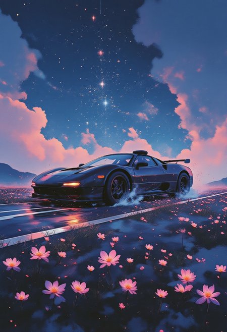 Jeddtlv3, aidmamj6.1, A matte black sports car driving through a field of glowing bioluminescent flowers under a starry sky, with soft purple and blue hues all around