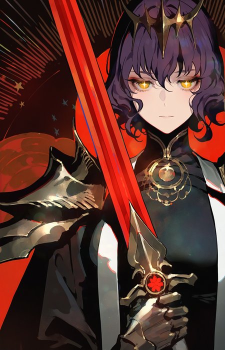 fishine, rei \(sanbonzakura\), fuzichoco, lam \(ramdayo\), void 0, rella,
1girl, mature female, tall female, dark purple hair, short hair, wavy hair, yellow eyes, thick eyelashes, + +, jitome, glowing eyes, medium breasts, expressionless, high collar, black golden robe, pauldrons, gauntlets, armor, sharp crown, holy magic, glowing magic, holding holy staff, holy sword, holding sword, sword at front, sword over face, sword over one eye,
looking at viewer, face focus, upper body, front view,
backlighting, cinematic lighting, lens flare, dark red theme, dark galaxy background, chromatic aberration, 
star \(symbol\) background,  shining halo background,
spot color,, masterpiece, best quality, amazing quality, very aesthetic, absurdres, best quality, newest,