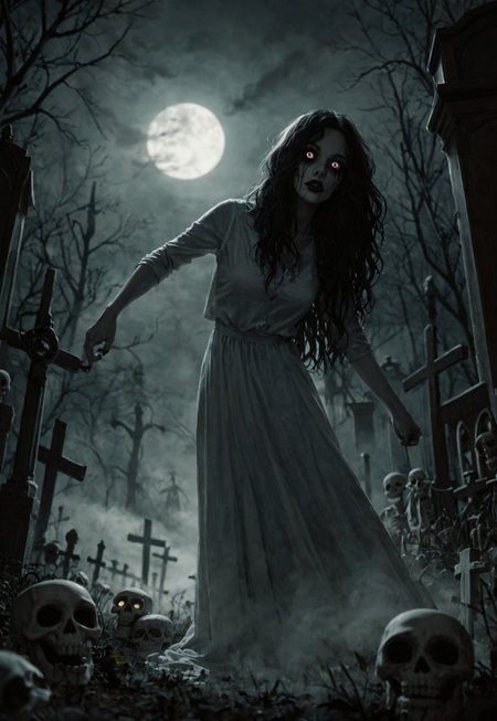 score_9,score_8_up,score_7_up, horror theme, rotting undead, skeleton makeup, fierce facial expression, dynamic pose, dark environment, low lighting, night, loose hair, skin stretched over skeleton, ghost girl, cemetery, fog, moonlight, horror style, creepy
