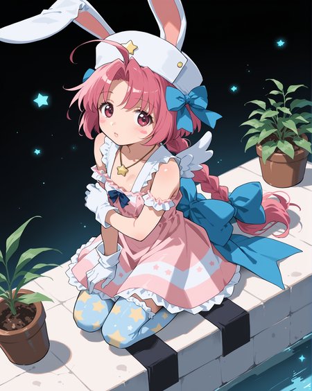 PonyScores7, source_anime, ah1, 1girl, lips, bad-hands-5, <lora:xl_more_art-full_v1:0.2>, <lora:shinyskin2:0.2> glistening skin, <lora:aesthetic_anime_v1s:0.2>, <lora:Expressive_H:0.2> Expressiveh, <lora:hairdetailpxl:0.2> hairdetailpxl, <lora:EpicF4nta5yXL:0.2>, <lora:detailxl:0.2> detailxl, <lora:Fant5yP0ny:0.2>, best quality, amazing quality, best aesthetic, absurdres, <lora:expressive eyes:0.2> expressive eyes, <lora:eyedetailpxl:0.2> eyedetailpxl, illustration, Volumetric_Lighting, ultra-detailed, very aesthetic, intricate details, 8k, masterpiece, best_quality, (Eyes narrowed and lips pressed into a thin line, conveying simmering anger), (Eye-level angle (from the side) view Extreme Close shot (focus on chest)), (celestial garden, Starlit Terrace, Enchanting balcony overlooking the cosmos with marble balustrades, celestial-themed mosaic tabletops, plush chaise lounges draped with silk throws, crystal chandeliers twinkling with constellations, and aromatic herbs planted in decorative pots), (open hand), <lora:Eyes_High_Definition:0.3> EyesHD, looking at viewer,  Stable_Yogis_PDXL_Positives, AS-Adult, <lora:nakahara_komugi_pony_v1:0.8> nakahara_komugi, pink hair,hat, animal ears, braid, pink eyes, ahoge, long hair, rabbit ears, wings, star print, jewelry, star (symbol), dress, white gloves, stickers, zettai ryouiki, print thighhighs, winged footwear,