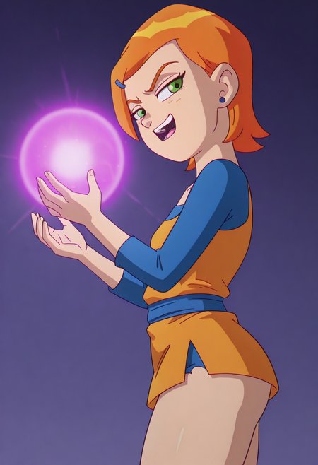 safe_pos, score_9_up, score_8_up, score_7_up, drgbl, perfect, perfection, perfect style, style dbz, 1girl, Gwen_Tennyson, orange hair, short hair, green eyes, freckles, cute, smug, petite body, small waist, curvy, thighs, small breasts, orange dougi, open mouth, outstrecthed arms, torn clothes, shouting, from side, energy, energy ball,
