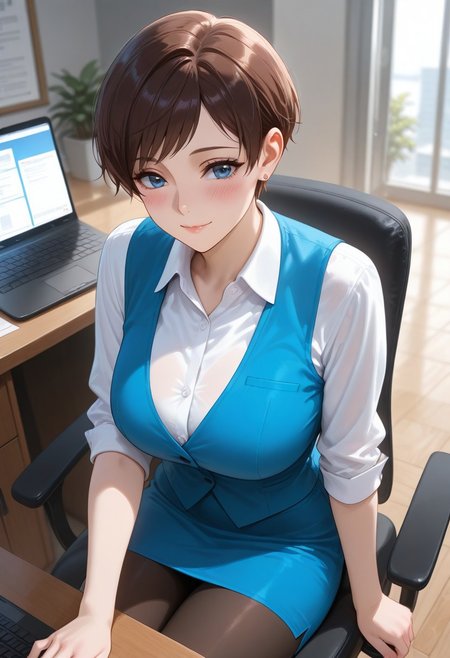 ((high quality)), ((high resolution)), ((incredibly detailed)), detailed background, masterpiece,  natural lighting, dynamic angle, indoors, office, desk, laptop, office chair, 1woman, mature, white blouse, blue vest, blue mini skirt, pantyhose, working, sitting on chair, perfect face, perfect blue eyes, middle breasts, detailed brown pixie cut, swept bangs, earring, soft smile, blush,