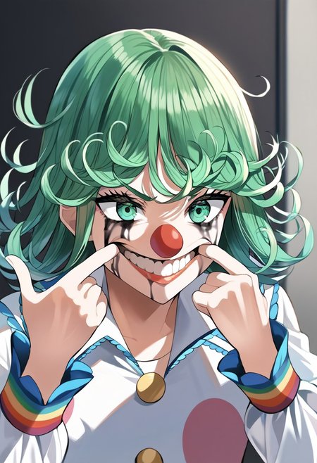 score_9, score_8_up, score_7_up, source_anime, hi res, masterpiece, best quality, highres, rkanime_ps, forced smile, mouth pull, fingersmile, makeup, clown nose, runny makeup, 1girl, tatsumaki