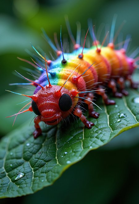 A highly detailed close-up of a vibrant rainbow-colored caterpillar resting on a large green leaf. The caterpillar's body is segmented, with each segment displaying a different vivid color, from red to violet. Tiny, iridescent hairs cover its body, catching the light and reflecting a spectrum of colors. The leaf beneath the caterpillar is textured, with visible veins and small dewdrops glistening in the light. The background is softly blurred, creating a dreamy, natural atmosphere while keeping the focus on the intricate details of the caterpillar and the leaf.   <lora:FluxMythP0rtr4itStyle:0.8> MythP0rt,  <lora:aidmaImageUpgrader-FLUX-V0.1:0.33> detailmaximizer,