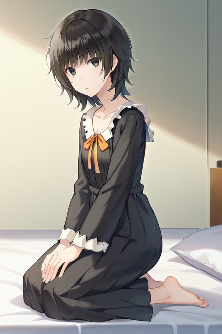 score_9, score_8_up, score_7_up, source_anime, rating_safe, intricate details, anime screencap, official style, 1girl, solo, <lora:Yaegaki_Erika:1>, erika, black hair, dark eyes, medium hair, collarbone, black dress, frilled collar, long sleeves, orange ribbon, looking at viewer, expressionless, indoor, on bed, kneeling, barefeet, full body, from side