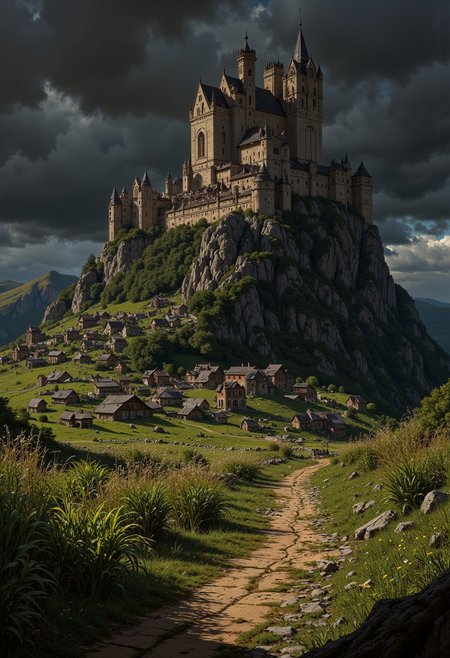 a medieval-style landscape with a grand castle perched atop a rocky hill. The castle is intricately designed with numerous towers and turrets, showcasing a blend of Gothic and Romanesque architectural elements. Below the castle, a quaint village with rustic wooden houses is spread across a lush green field. A dirt path leads from the foreground towards the village, flanked by tall grass and wildflowers. The sky is dramatic, filled with dark, swirling clouds that add a sense of impending weather. The overall color palette is rich and earthy, with deep greens, browns, and grays dominating the scene. The composition is balanced, with the castle serving as the focal point, drawing the viewer's eye upward from the path and village below.