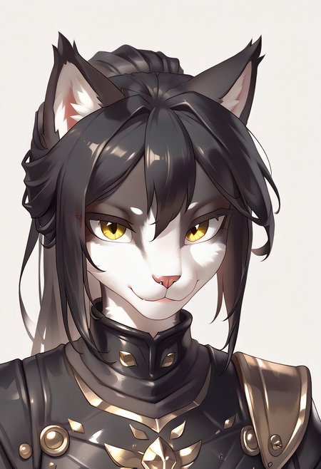 masterpiece, score_9, score_8_up, score_7_up, score_6_up, simple background, (by zinfyu:1), source_furry, (beautiful yellow eyes), anthro, furry, 1girl, 3mb3r, feline, black armor, black and white fur, detailed face, detailed eyes, black hair, tail, animal ears, close-up portrait, expressive and confident look, intricate fur and hair details, focused and balanced composition, vibrant and harmonious color palette