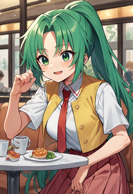 score_9, score_8_up, score_7_up, score_6_up, score_5_up, score_4_up, source_anime,   Mion Sonozaki, green eyes, ponytail, white shirt, red necktie, yellow vest, red skirt, one breast out, cafe,   <lora:MionPonyN-000016:1>,