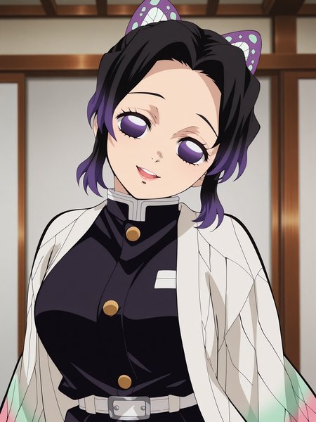 score_9, score_8_up, score_7_up, source_anime, hires image, masterpiece, best quality,  BREAK, shiny skin,
 <lora:Shinobu Kocho - Demon Slayer:1> shin0bu, kochou shinobu, black hair, purple hair, multicolored hair, gradient hair, purple eyes, butterfly hair ornament, demon slayer uniform, long sleeves,, jacket, belt, smile, 
head tilt, open mouth, upper body, large breasts, 
white background, 