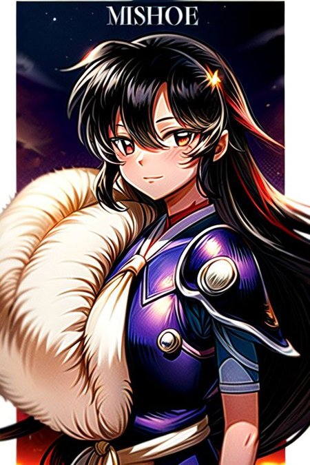 best quality 1girl Setsun4 solo long hair,  (night time) forest background black hair very long hair purple eyes multicolored hair armor, small, (fur trim) (medium body),<lora:EMS-179-EMS:0.800000>,<lora:EMS-293862-EMS:0.800000> bow, hair_bow, hair_tubes, red_bow, brown_hair, long_hair, bangs, ascot, frilled_bow, yellow_ascot, blush, smile, hair_between_eyes, athletic, armor, miko, strengthmda,  Smiling, happy, (helmet), Samurai Helmet