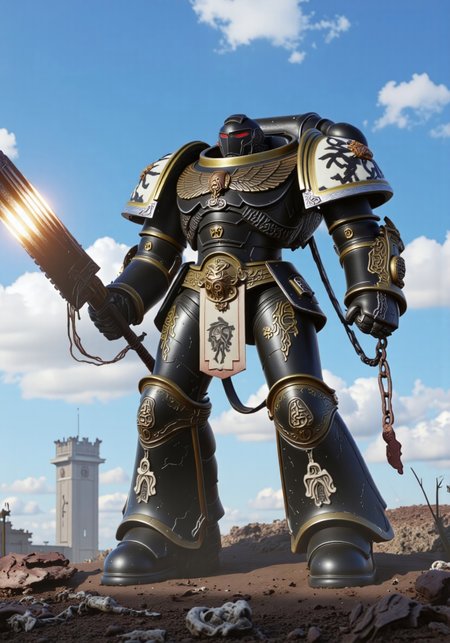 (Masterpiece, ultra-realistic, 32k, best quality, hyper-detailed, cinematic lighting, intricate textures, photorealistic, dramatic composition, immersive depth.)
Golden runes and cybernectic line decorate, Grimmdark, darktale, machanical, Elden rings.
A brutalist walking Mech, strides across a post-apocalyptic ruin Temple. Its massive armored frame, adorned with gilded plating, pulses with glowing cybernetic runes, blending divine authority with cold mechanical precision. Black mix Golden. 
The battlefield is a war-torn ruin, where shattered monoliths and cybernetic decay litter the ground. A vast blue sky looms above, as sunrise light pierces the dust-filled air, casting ethereal white and purple flares. Snow and embers swirl in the wind, drifting through the ashen remnants of a fallen civilization.
armed with massive chainsword.
A dynamic wide-angle shot, with volumetric lighting, deep atmospheric contrast, and high cinematic tension, captures the monumental scale of this gothic-cybernetic war titan.