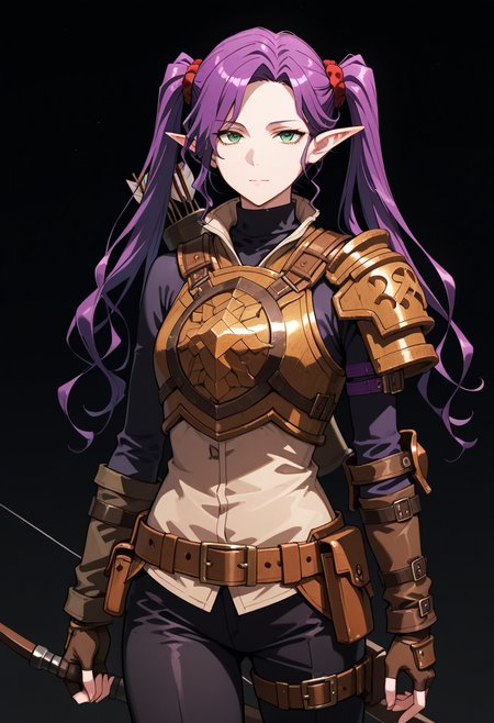 masterpiece, best quality, highly detailed, ultra-realistic, score_9, score_8_up, score_7_up, score_6_up,
1woman, solo, sporty female, mature girl, big woman, warrior women,  Imina, slim, elf, twintails, long face, nice skin, long hair, purple hair, green eyes, looking at viewer,
aesthetic, pauldron, light armor, brown leather armor, fingerless gloves, circle breastplate, quiver, black turtleneck, red scrunchies, belt, pouch, 3 purple belts above elbow, black pants, hip belts, classy, elegant, stylish,
tall woman, nice hips, detailed eyes, detailed face, empty hands,
fit, toned, stands proudly, outdoors, (black background:1.2), <lora:Imina_Overlord:1.3>