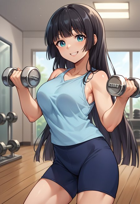 score_9, score_8_up, source_anime, 1girl, solo, SoryuinAkemi, long hair, hime cut, light blue tank top, blue shorts, indoors, holding dumbbell, smile, <lora:ChamSoryuinAkemiPonyXL:1>