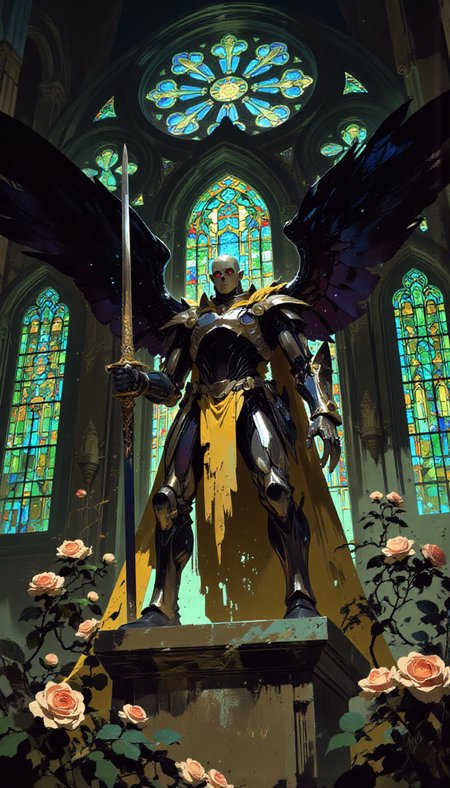 pscho_4rt,mythp0rt,very wide angle, put subject further away, small subject, A digital illustration shoot from a low-angle perspective about a dark fantasy character with wings wielding a sword, standing in front of a stained glass window. the image also shows intricate details and vibrant colors. on the middle of the image, a muscular, skeletal creature with large, black wings appears to be in a powerful stance, holding a large, curved sword. the creature has a skull-like face and is wearing armor with a yellow cloth draped over its shoulders. the character is standing on a stone pedestal, surrounded by roses. the background features a large stained glass circular window with green and blue hues, and the overall atmosphere is dark and mystical.  solo, 1boy, holding, standing, weapon, full body, flower, wings, holding weapon, sword, armor, holding sword, glowing, rose, glowing eyes, stained glass, skull  camera_angle: from below, art_style: digital illustration, location: gothic cathedral, background: stained glass windows with green hues and roses, text: NA, image_composition: middle, clothing: armor, yellow cloth, hair_color: black, distance_to_camera: full body;full body, hair style: NA;NA, action: holding sword;standing, accessory: chainsaw;chainsaw, facial_expression: menacing; menacing, eye_direction: looking down;looking down, pants: NA