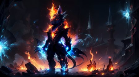 (masterpiece, best quality, fullscreen), [(full body:1.2)::0.8] portrait (photo of a small Stunning fire [elemental:creature:0.2]:1.4), <lora:EYES EyesGen:0.3> (intricate iris:1.2), (Carnivorous:1.0), (fire etheral aura Opalescent skin:1.5), (Fireballs), (Werewolf body shape:1.1), (Rabbit head:1.3), (Long Neck:1.4), <lora:EFFECT ExplosionMagic-20:0.4> (explosionmagic, excessive energy, smoke, glowing aura:1.1), <lora:EFFECT DonMM4g1c-v2.1rb2.safetensors:0.4> (DonMM4g1c:1.1), <lora:MONSTER m0nst3rfy3(0.5-1)M.safetensors:0.4> (m0nst3rfy:1.3), <lora:EFFECT Explosions Bakuhachumaho.safetensors:0.4> (bakuhatsu, magic, explosion:1.2), <lora:BACKGROUND Fluorescent_Lava_Cave.safetensors:0.2>,(Shadow Play), (Tanzanite Blue-Purple Candlelight lighting:1.4), , , (standing posture:1.5), (facing the viewer:1.4), (looking at the viewer:1.7), , <lora:SLIDER weight_slider_v2:-0.5>, (Full body Shot, Shallow Focus Shot, Low Angle Shot:[1.2:0.5:0.1]), <lora:LIGHT epi_noiseoffset2:0.3>, <lora:LIGHT ALL IN ONE LORA HD v1:0.3>, <lora:QUALITY add_detail:0.1>, <lora:QUALITY kkw-better-v1.0a:0.3>, <lora:QUALITY PotatEnhancer_V1_6:0.3>, <lora:QUALITY BG2_dpep4+silicon29dim64:0.1>, heavily detailed, gloomy, eerie, whimsical, , (sharp focus), <lora:EFFECT Magic card fakemtg_label:1> fakemtg, <lora:BUILDING German_architecture_last:0.6>, (no humans), (embedding:VIEW_Style-GHL), tremely detailed, 4k, trending on artstation, ambient lighting platform, concept art render, ink splatters, pen lines, incredible detail, creative, positive energy, happy, unique, negative space, pure imagination painted by artgerm