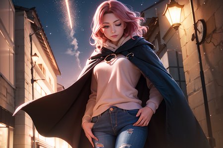 melina \(elden ring\), 1girl, ashes, blush, burning, cloak, closed mouth, erdtree \(elden ring\), eyelashes, facial mark, lips, looking away, looking down, medium hair, motion blur, o-ring, one eye closed, orange eyes, pink hair, portrait, solo , ((masterpiece))  <lora:melinaEldenRingLora_v1:0.65>, parka, ripped jeans, street wear, (nervous512),black cloak, walking down a dark alley, night city on the background, in the center of the frame, looking at viewer, makeup, sexy, solo, slight smile, outdoors, 8k uhd, film grain, (night),