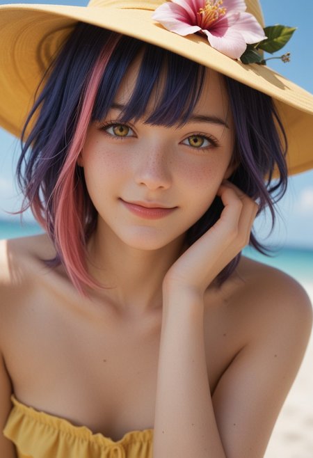 score_9_up, score_8_up, score_7_up, score_6_up, 1girl, solo, 25 years old, perfect face, (adult), sexy,
detailed face, blush, shy smile, portrait, face focus, depth of field, looking at viewer, close up,   
yellow eyes, 
medium hair, multicolored hair, pink hair, purple hair, blue hair, hair flower, bangs,
tucking hair,
yellow sundress, sleeveless dress, strapless dress, hand on own ear,
cowboy shot, legs, 
beach