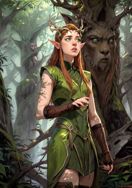score_9,score_8_up, score_8, 
1girl, solo, cowboy shot, portrait, keyleth, elf, druid, long hair, brown hair, green eyes, pointy ears, elf, antlers, freckles, thighhighs, gloves, boots, fingerless gloves, thigh boots, brown footwear, green dress, forest, parted lips, looking away,
 <lora:Expressive_H:0.5>  <lora:Dungeons_and_Dragons_Art_Style:1> <lora:keyleth-ponyxl-lora-nochekaiser:1>
