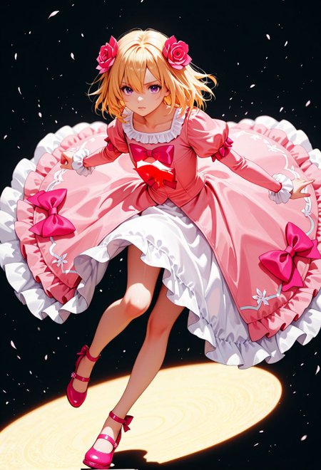 <lora:Jill Savelle:0.9>, CDE_JE,purple eyes,medium hair,blonde hair,hair between eyes, hair flower,pink flower,pink bow,pink dress,puffy sleeves,pink footwear,mary jane shoes, 
general, dutch angle, from front,, dynamic pose, 
masterpiece, best quality, absurdres, highres, very aesthetic, high quality, detailed, insanely detailed, beautiful, 
(photo background:0.3), depth of field, 
<lora:noobai_vpred_1_masterpieces_v1:1>, very awa, 
<lora:noob1.1-lineart_adjust1-mki:-0.5>, 
<lora:IllustriousTweakerLora_v4-detail_1457119:0.8>, <lora:LECO_StickClotch:1.5>, <lora:LECO_Particles:1>,