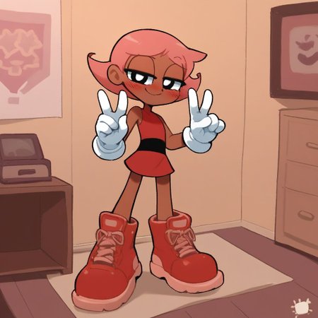 score_9, score_8_up, score_7_up, score_6_up, score_5_up, score_4_up, BREAK, source_anime, connie_maheswaran, indoors, pink hair, small breasts, red boots, white gloves, smile, smug, blush, red top, sleeveless, red miniskirt, peace sign, pantsless, powerpuff, dark-skinned female,