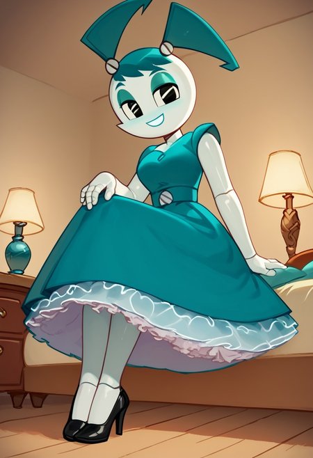 (Masterpiece, best quality:1.2), score_9, score_8_up, flat color, flat shading, soft shading, lighting, Jenny Wakeman as an adult, in a 1950's full length formal blue skirt, a white belt, button down v-neck formal black top, a fluffy frilly ruffled full white petticoat, and black high heels, dress, layered petticoat, frilly petticoat, fluffy petticoat, full petticoat, detailed petticoat ((wide skirt, detailed outfit, flowing skirt, long skirt, solid blue colored skirt, black high heels)), blue hair, series accurate, cute, best high quality, high res, robot, humanoid robot, medium breasts, whole body shot, 1girl, ((solo, inside, in a romantic bedroom, sitting on the bed, sitting, bent knees, looking at you, low angle)), cute, seductive, seductive smile, half lidded eyes, low angle shot, cartoon, cartoon style, vector, solo, circle dress, 1950s, whisperfoot_style, dance dress jenny, jenny wakeman, 1girl, solo, robot joints, black eyes, white skin, ponytail, hair bow, blue rose chest corsage, poofy dress, blue hair, flat lighting