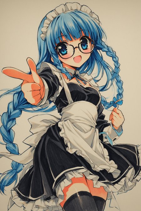 1girl,solo,maid,sunglasses,thighhighs,blue hair,long hair,open mouth,maid headdress,smile,glasses,apron,blue eyes,hime cut,twin braids,finger gun,traditional media,<lora:shaa_XL:0.8>,