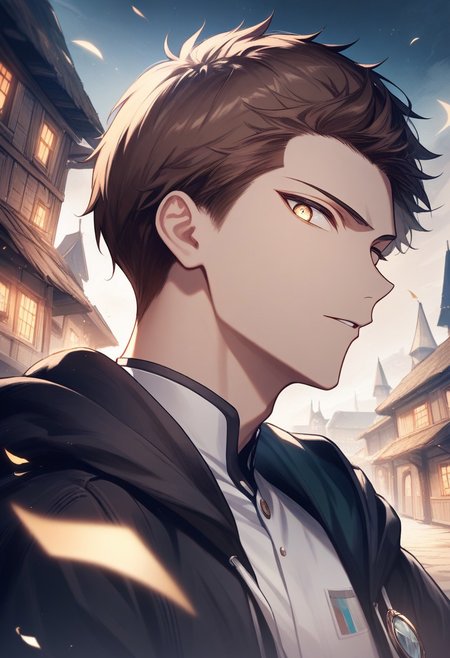 (best quality, masterpiece), 1 boy,18 years old, medieval village, dark mood, Arrogant,
brown hair, super short hair, no bangs, blue and white color student uniform
 , looking at viewer, Unobtrusive golden eyes, Dull golden eyes,