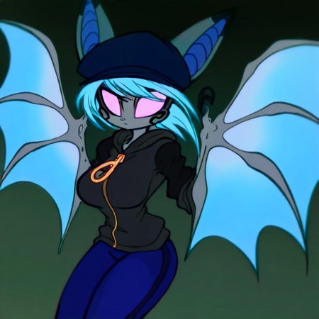 Vanth,1girl, solo, furry, gray fur, pink eyes, blue hair, black marks around eyes and the tips of her ears, single claw on each of her wings,
blue pants ,  dark-blue cap, wearing a black hoodie with a large ring on her zipper,

