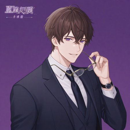 Aaotom, solo, looking at viewer, smile, short hair, brown hair, shirt, 1boy, holding, hair between eyes, purple eyes, jacket, white shirt, upper body, male focus, parted lips, necktie, glasses, mole, mole under eye, copyright name, formal, suit, purple background, watch, wristwatch, eyewear removed, holding eyewear